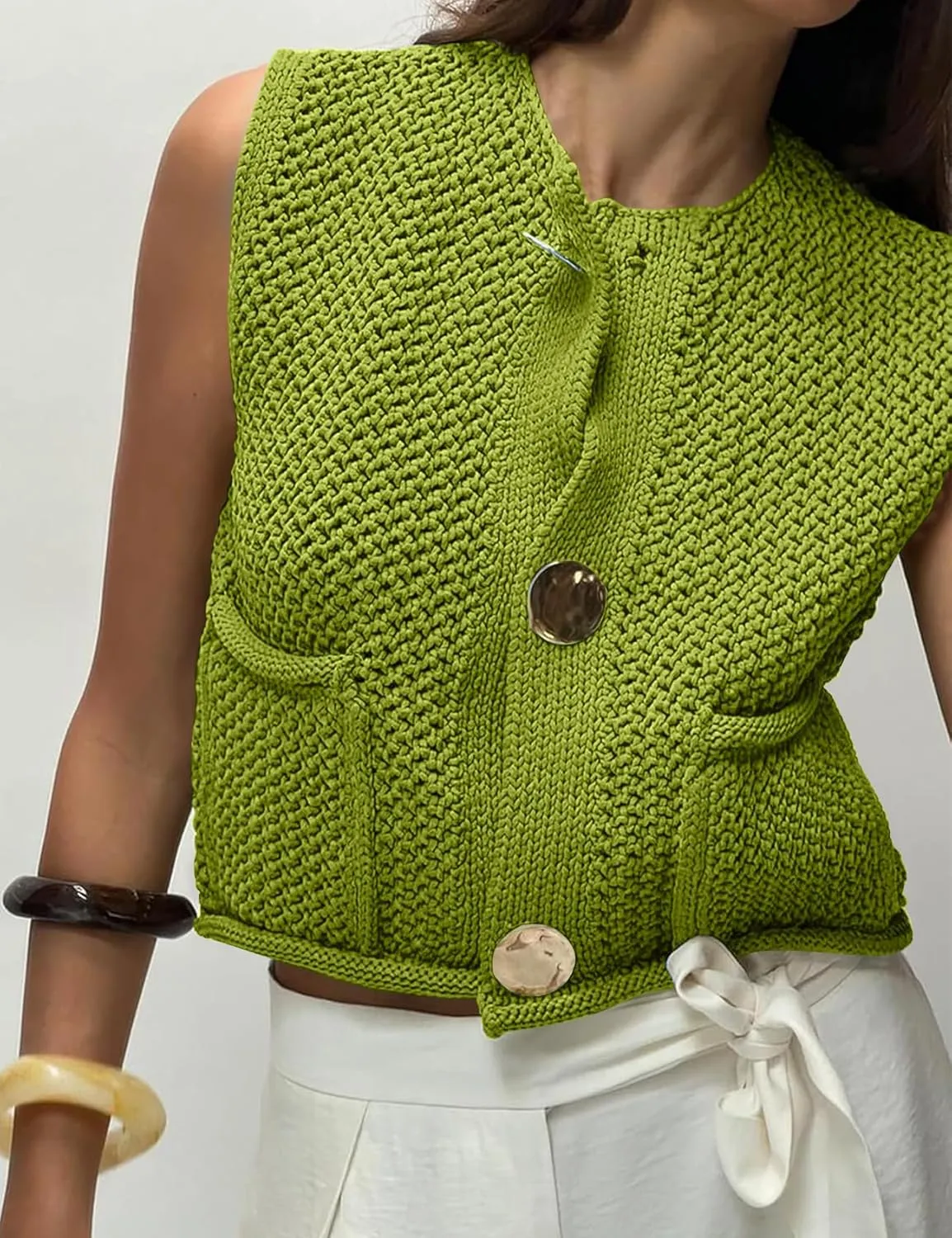 Flygo Womens Crochet Sweater Vest Sleeveless 2025 Trendy Spring Summer Tops Button Crop Chunky Knit Sweaters Cardigan