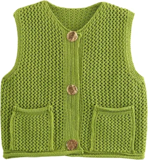 Flygo Womens Crochet Sweater Vest Sleeveless 2025 Trendy Spring Summer Tops Button Crop Chunky Knit Sweaters Cardigan