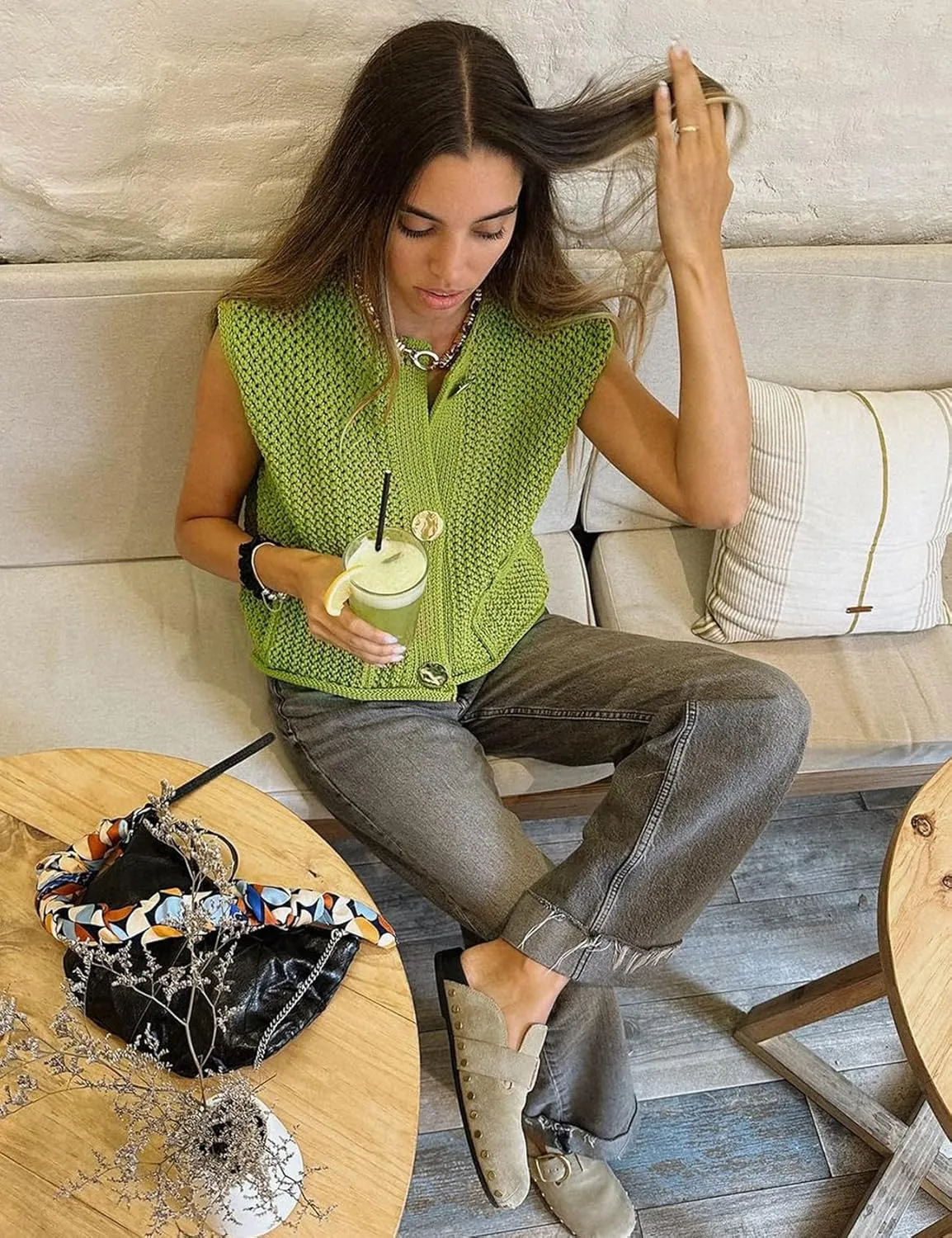 Flygo Womens Crochet Sweater Vest Sleeveless 2025 Trendy Spring Summer Tops Button Crop Chunky Knit Sweaters Cardigan