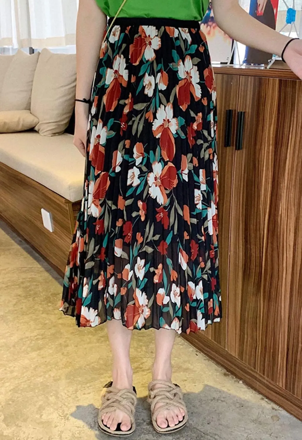 Flygo Women's High Waisted Boho Floral Print Pleated Chiffon Midi Skirt