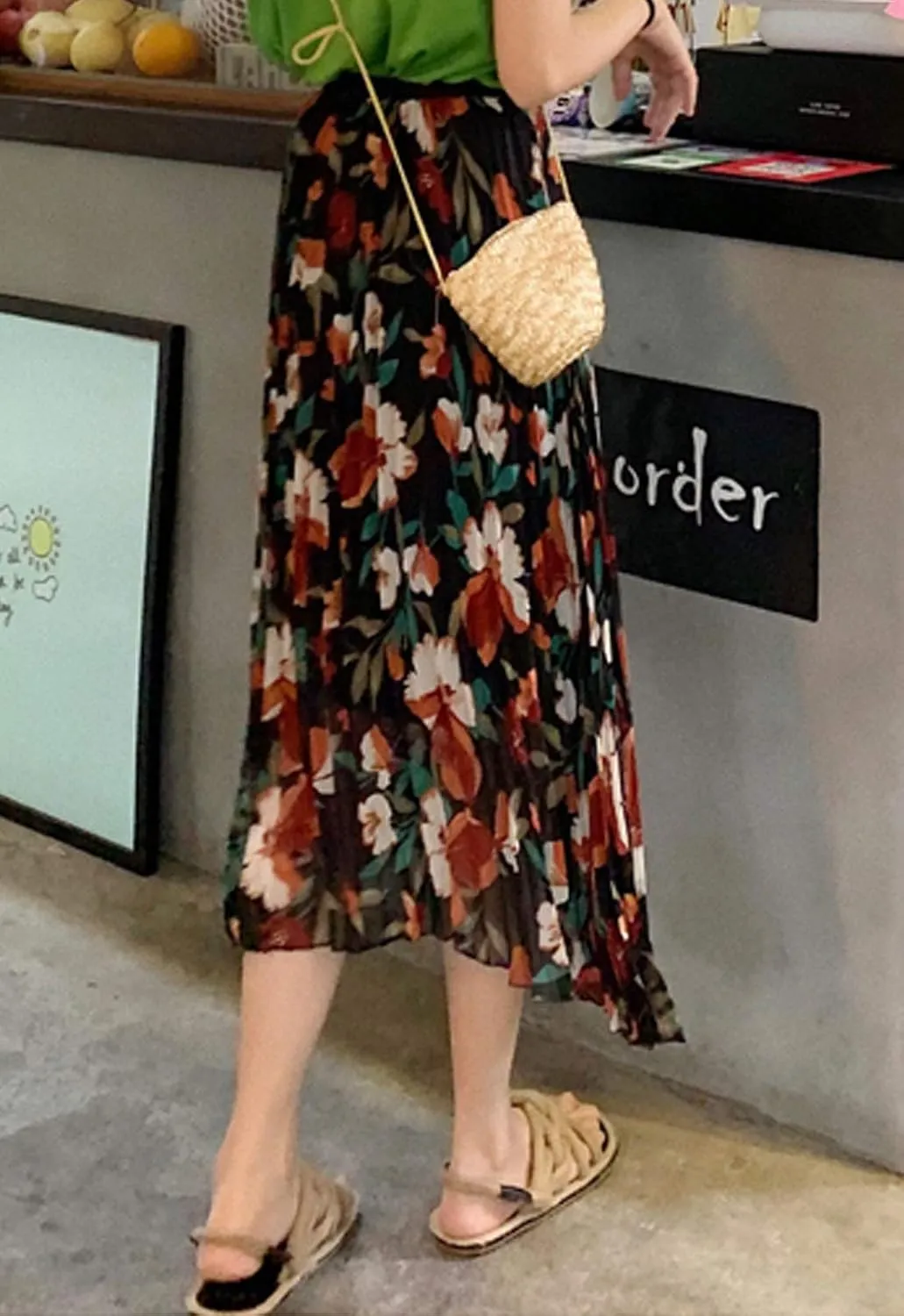 Flygo Women's High Waisted Boho Floral Print Pleated Chiffon Midi Skirt