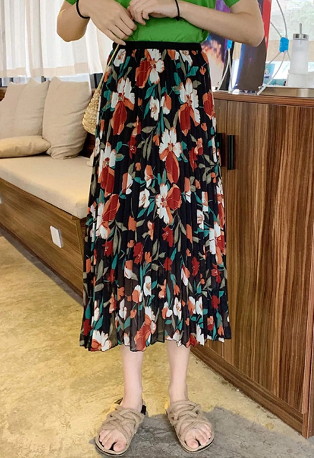 Flygo Women's High Waisted Boho Floral Print Pleated Chiffon Midi Skirt