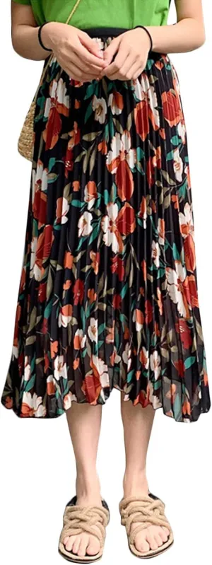 Flygo Women's High Waisted Boho Floral Print Pleated Chiffon Midi Skirt