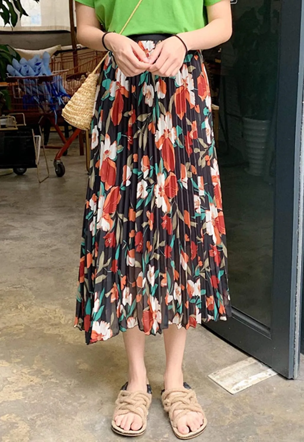 Flygo Women's High Waisted Boho Floral Print Pleated Chiffon Midi Skirt