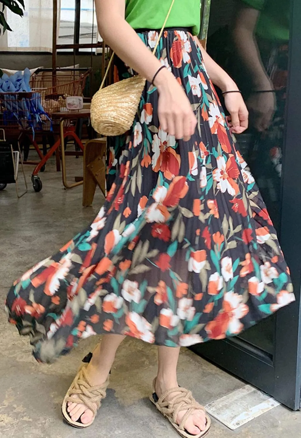 Flygo Women's High Waisted Boho Floral Print Pleated Chiffon Midi Skirt