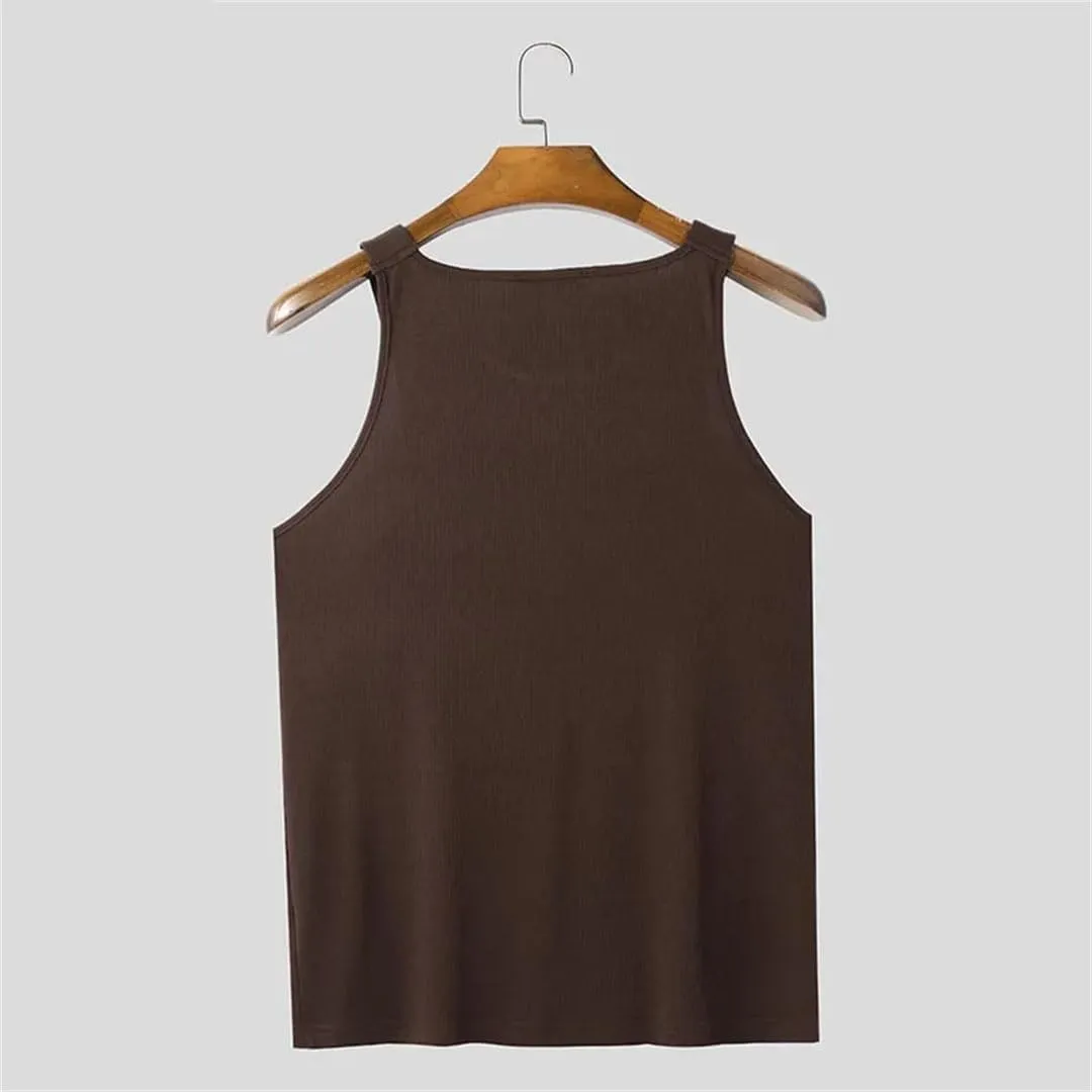 Fnfmrfmr Men Metal Buckle Mesh Vests Solid Casual Off Shoulder Sleeveless Ribbed Tank Tops