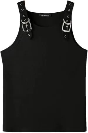 Fnfmrfmr Men Metal Buckle Mesh Vests Solid Casual Off Shoulder Sleeveless Ribbed Tank Tops