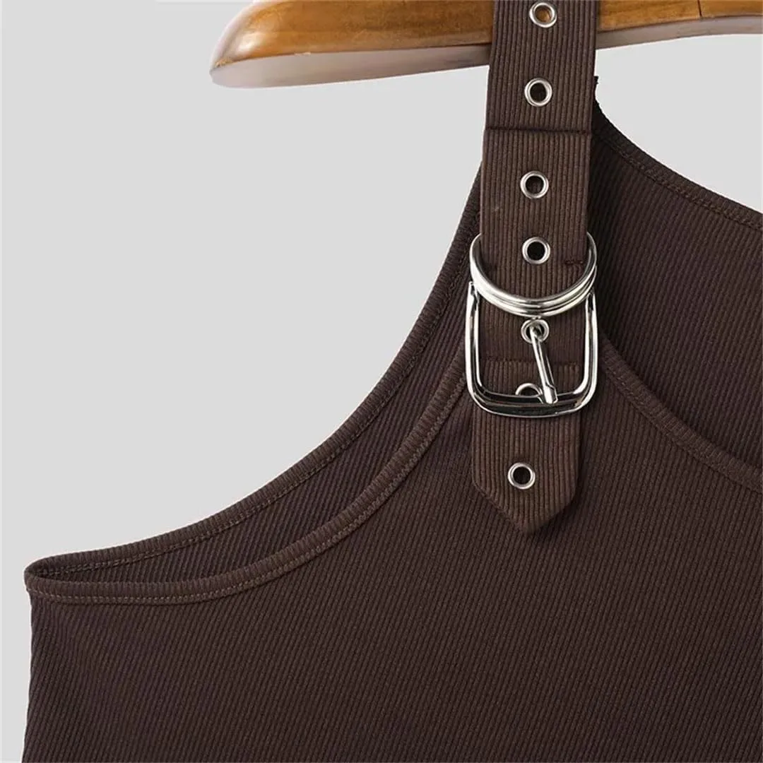Fnfmrfmr Men Metal Buckle Mesh Vests Solid Casual Off Shoulder Sleeveless Ribbed Tank Tops
