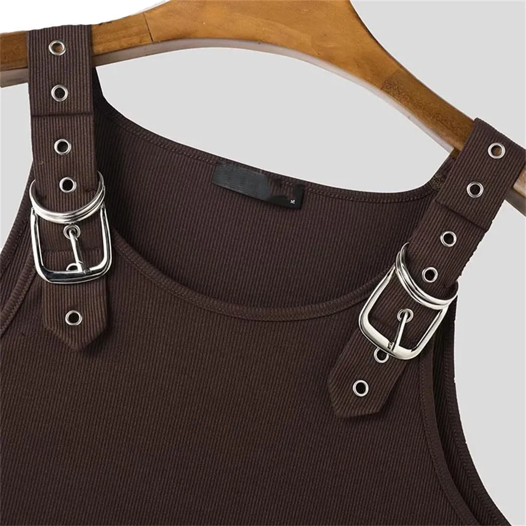 Fnfmrfmr Men Metal Buckle Mesh Vests Solid Casual Off Shoulder Sleeveless Ribbed Tank Tops