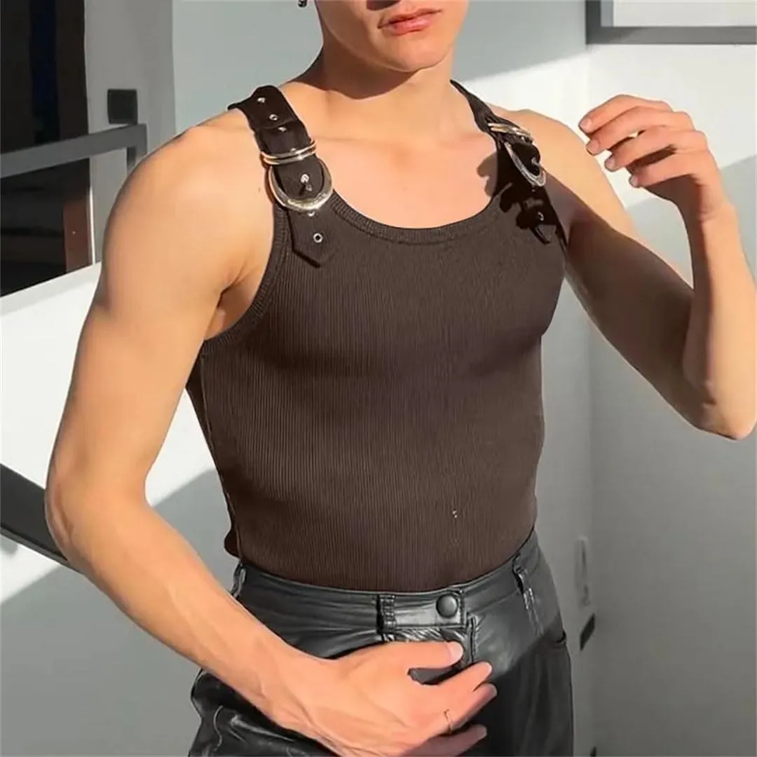 Fnfmrfmr Men Metal Buckle Mesh Vests Solid Casual Off Shoulder Sleeveless Ribbed Tank Tops