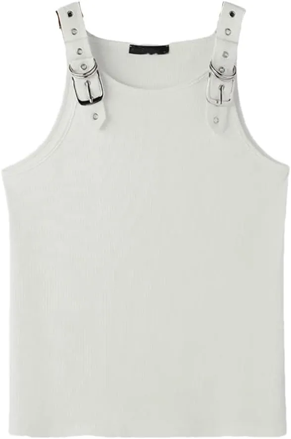 Fnfmrfmr Men Metal Buckle Mesh Vests Solid Casual Off Shoulder Sleeveless Ribbed Tank Tops