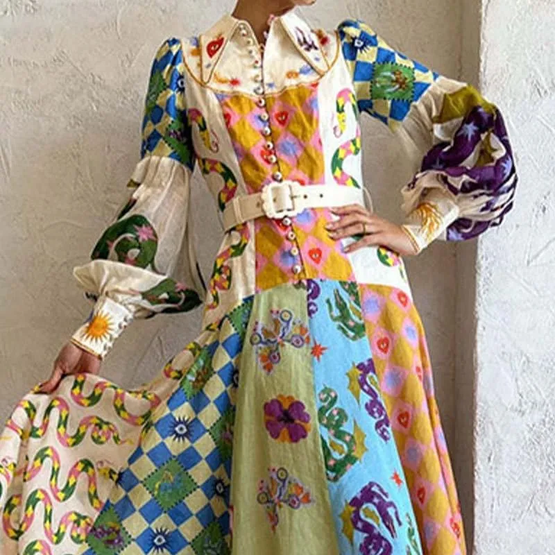 Geleglaer Long Sleeve Printed Dress for Women Slim Flowy Dress with Lantern Sleeves V Neck Women's Fall Winter Long Skirt