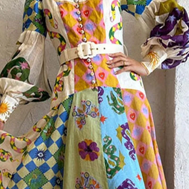 Geleglaer Long Sleeve Printed Dress for Women Slim Flowy Dress with Lantern Sleeves V Neck Women's Fall Winter Long Skirt