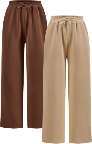 Girl's 2 Pack Pants Drawstring Waist Wide Leg Pants High Waisted Loose Casual Sweatpants
