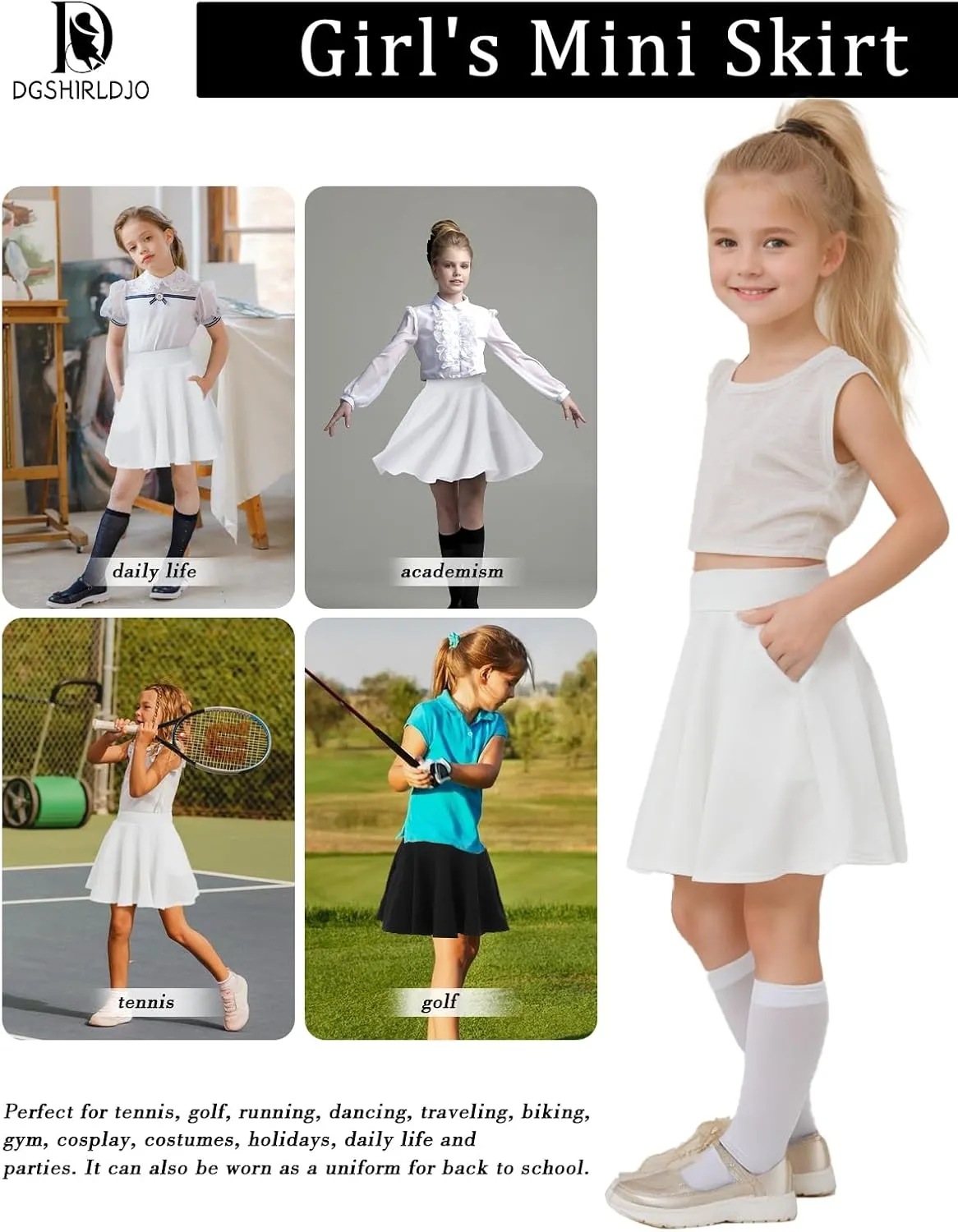 Girl's Skirt,Stretchy Waist Tennis Skirt with Pocket Short Casual Pleated Skater Skirt Uniform Skirt 5-14 Years