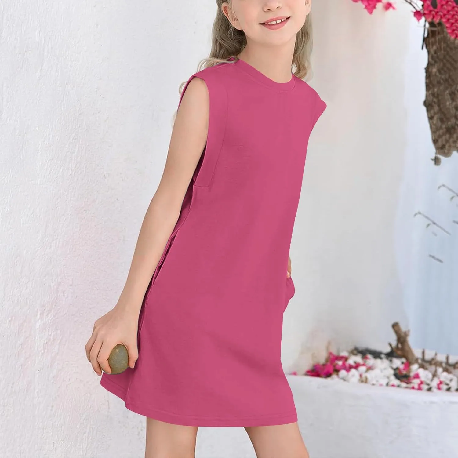 Girls Sleeveless Summer Dress Kids Casual Crewneck Loose Beach Short Mini Sundresses with Pockets 4-14 Years