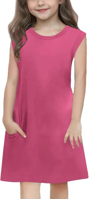 Girls Sleeveless Summer Dress Kids Casual Crewneck Loose Beach Short Mini Sundresses with Pockets 4-14 Years