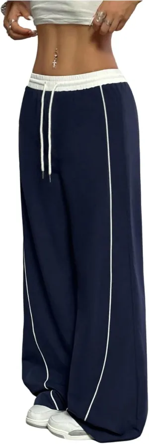 GORGLITTER Women's Baggy Wide Leg Parachute Pants Y2K Bell Bottom Drawstring Waist Track Pants
