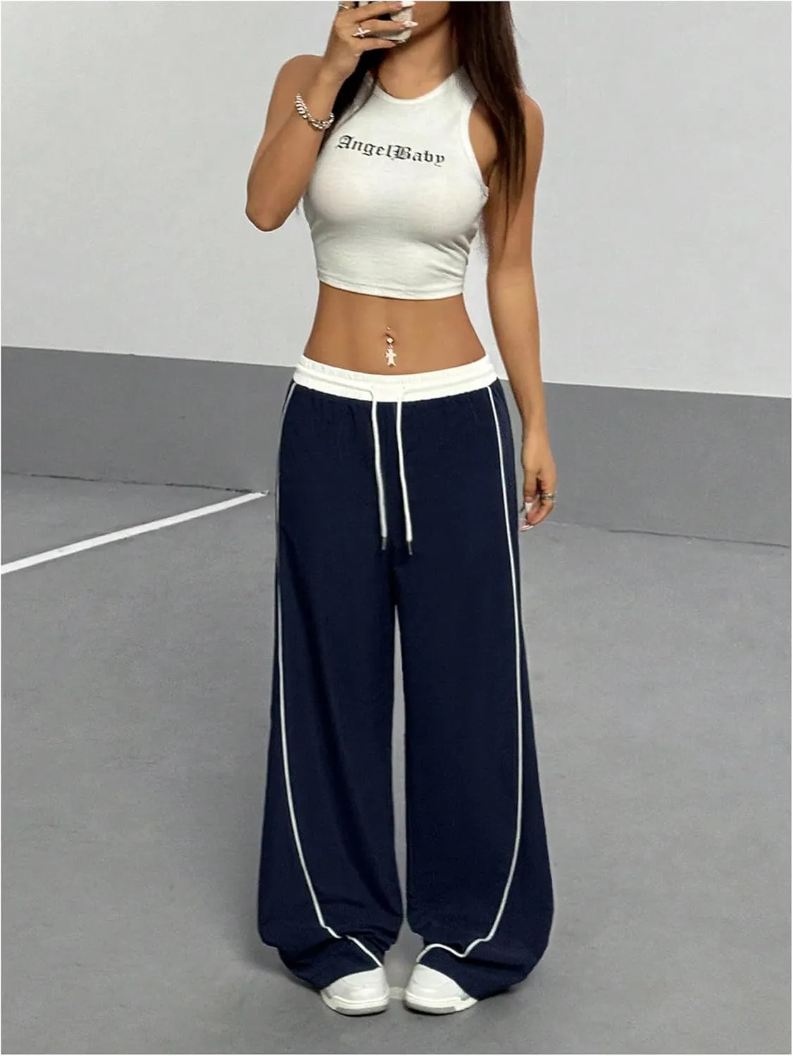 GORGLITTER Women's Baggy Wide Leg Parachute Pants Y2K Bell Bottom Drawstring Waist Track Pants