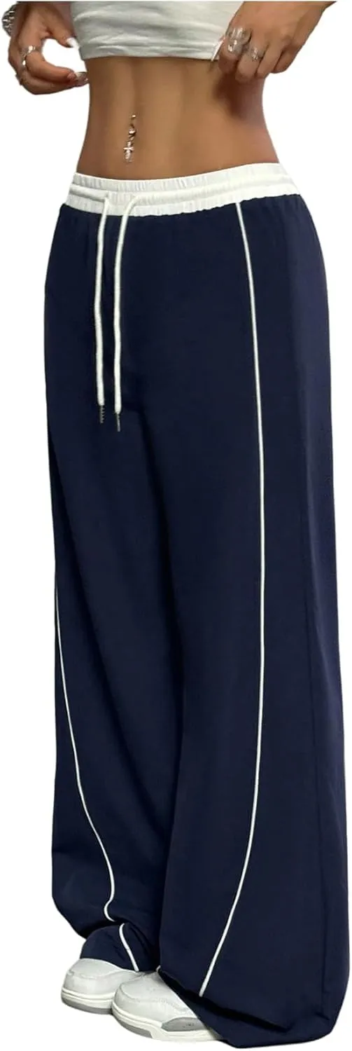 GORGLITTER Women's Baggy Wide Leg Parachute Pants Y2K Bell Bottom Drawstring Waist Track Pants