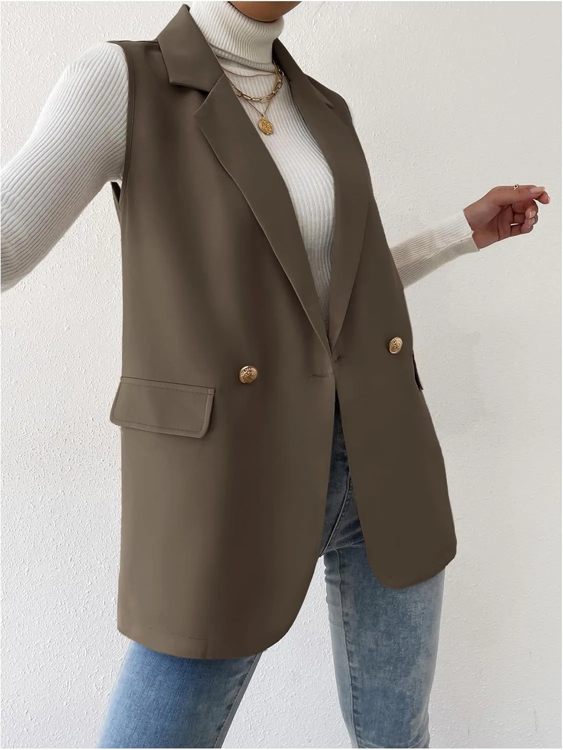 GORGLITTER Women's Long Vest Sleeveless Button Up Work Office Cardigan Blazer Vest