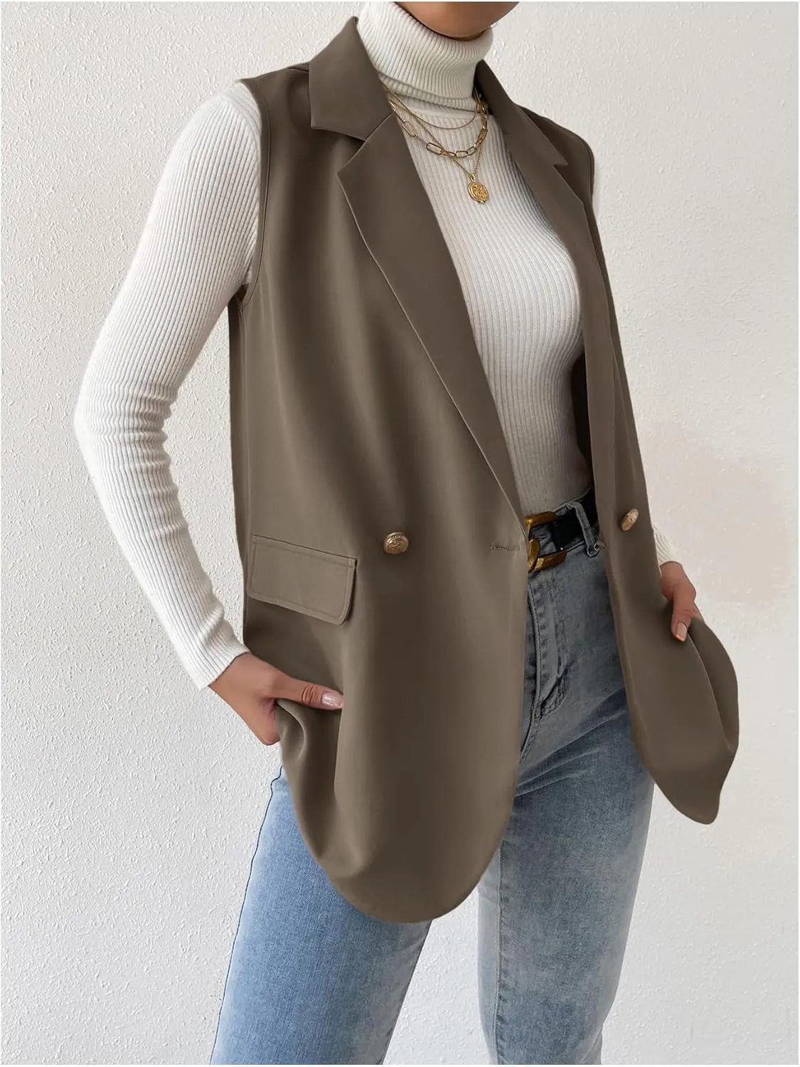 GORGLITTER Women's Long Vest Sleeveless Button Up Work Office Cardigan Blazer Vest