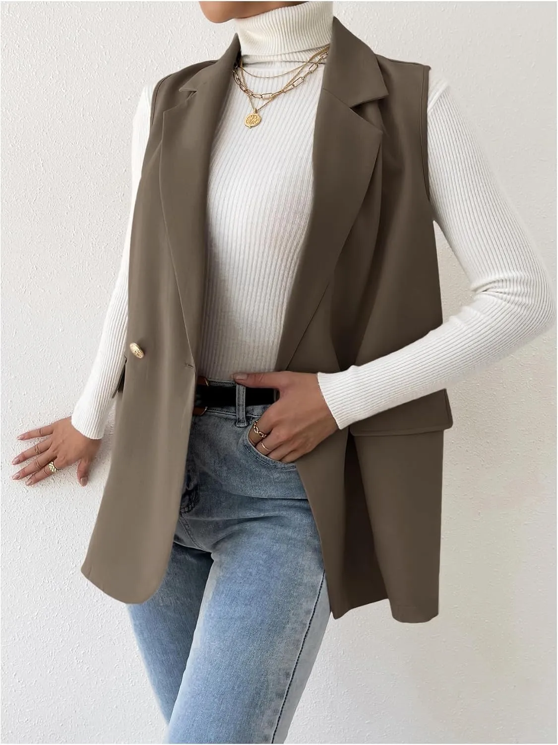 GORGLITTER Women's Long Vest Sleeveless Button Up Work Office Cardigan Blazer Vest