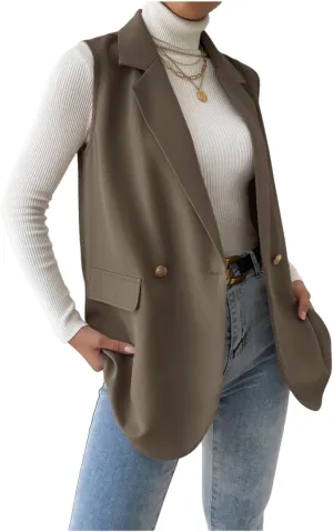 GORGLITTER Women's Long Vest Sleeveless Button Up Work Office Cardigan Blazer Vest