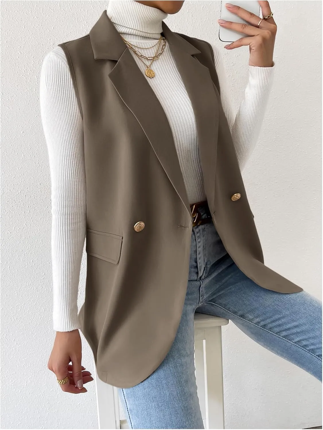 GORGLITTER Women's Long Vest Sleeveless Button Up Work Office Cardigan Blazer Vest