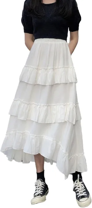 Goth Cute Midi Long Skirts Womens Maxi Skirt Goth Lolita Summer High Waisted Asymmetrical High Low Ruched Black Ruffle Skirts(White,One Size)