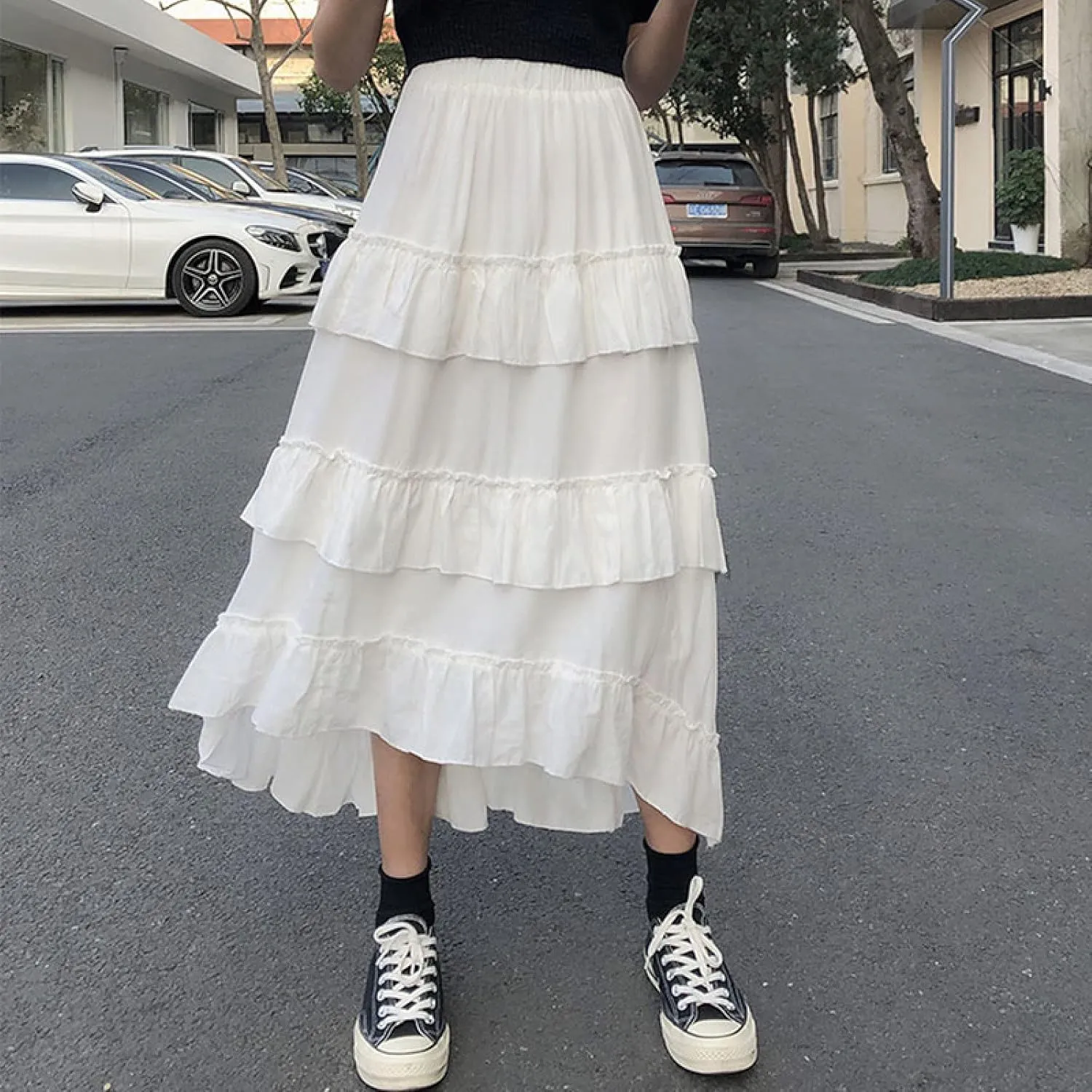 Goth Cute Midi Long Skirts Womens Maxi Skirt Goth Lolita Summer High Waisted Asymmetrical High Low Ruched Black Ruffle Skirts(White,One Size)