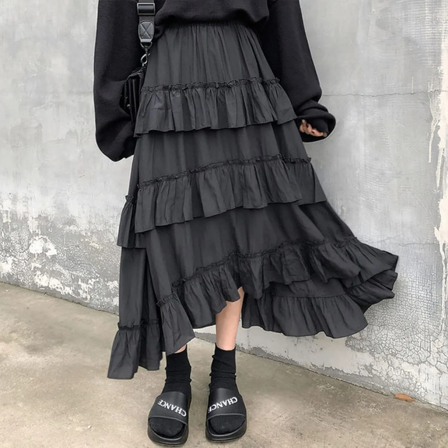 Goth Cute Midi Long Skirts Womens Maxi Skirt Goth Lolita Summer High Waisted Asymmetrical High Low Ruched Black Ruffle Skirts(White,One Size)