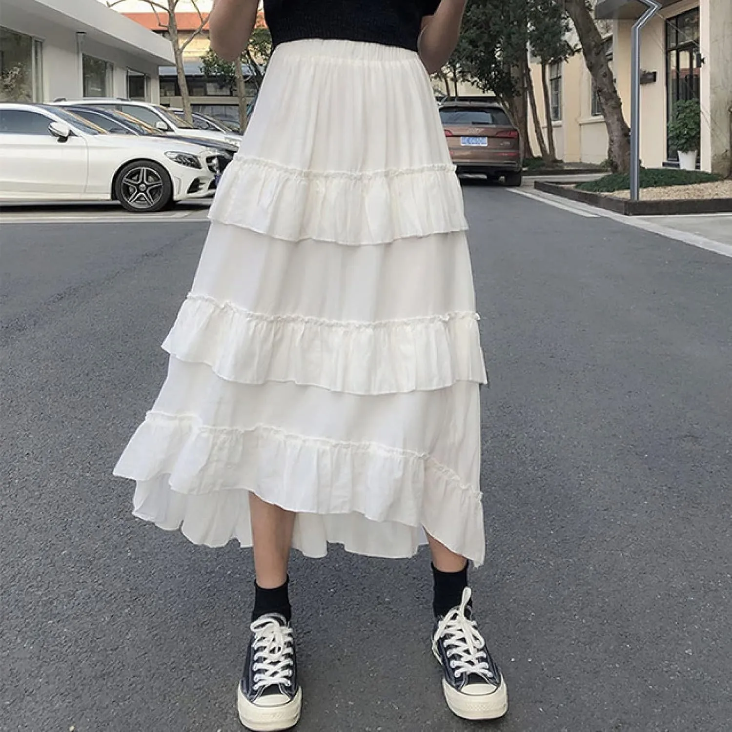 Goth Cute Midi Long Skirts Womens Maxi Skirt Goth Lolita Summer High Waisted Asymmetrical High Low Ruched Black Ruffle Skirts(White,One Size)