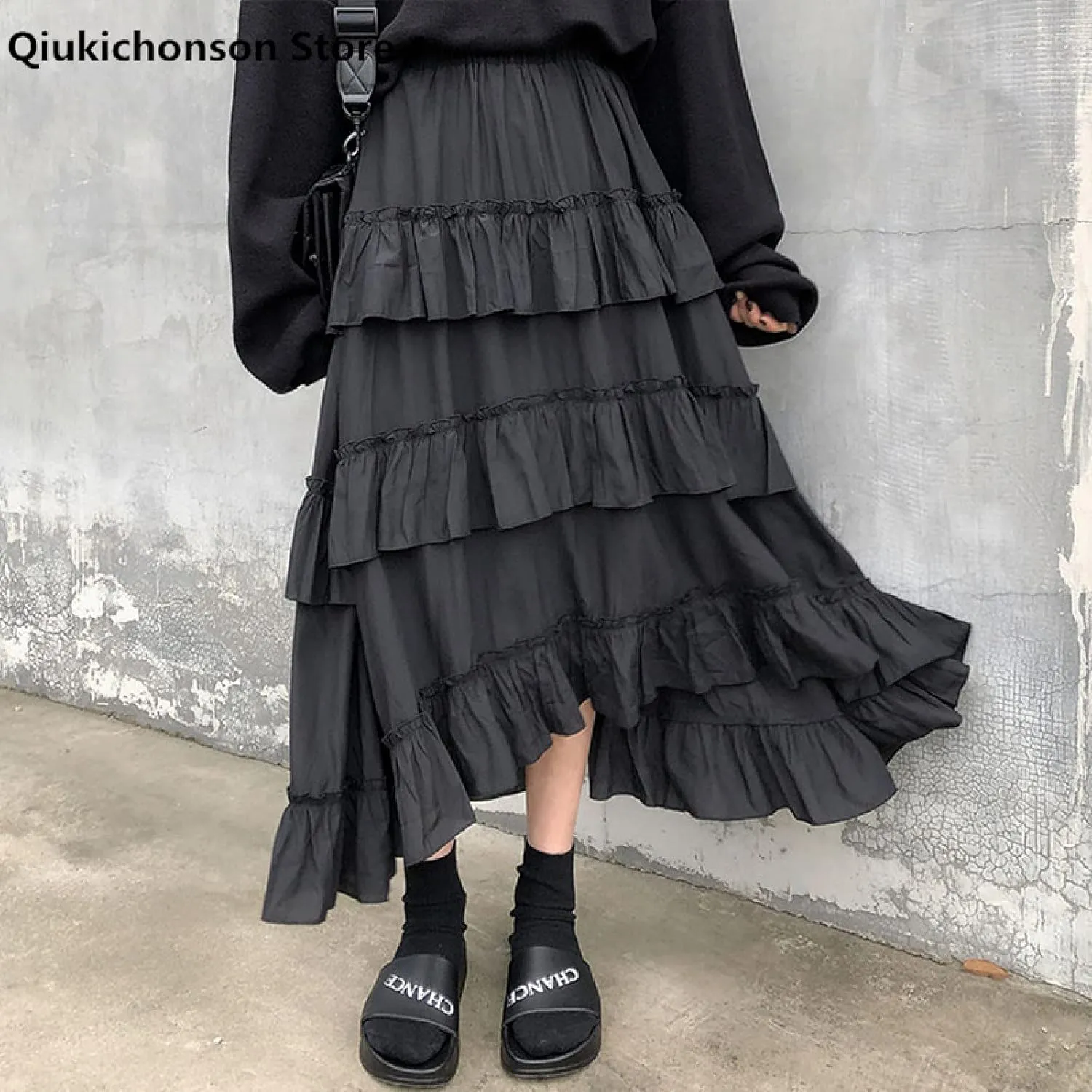Goth Cute Midi Long Skirts Womens Maxi Skirt Goth Lolita Summer High Waisted Asymmetrical High Low Ruched Black Ruffle Skirts(White,One Size)
