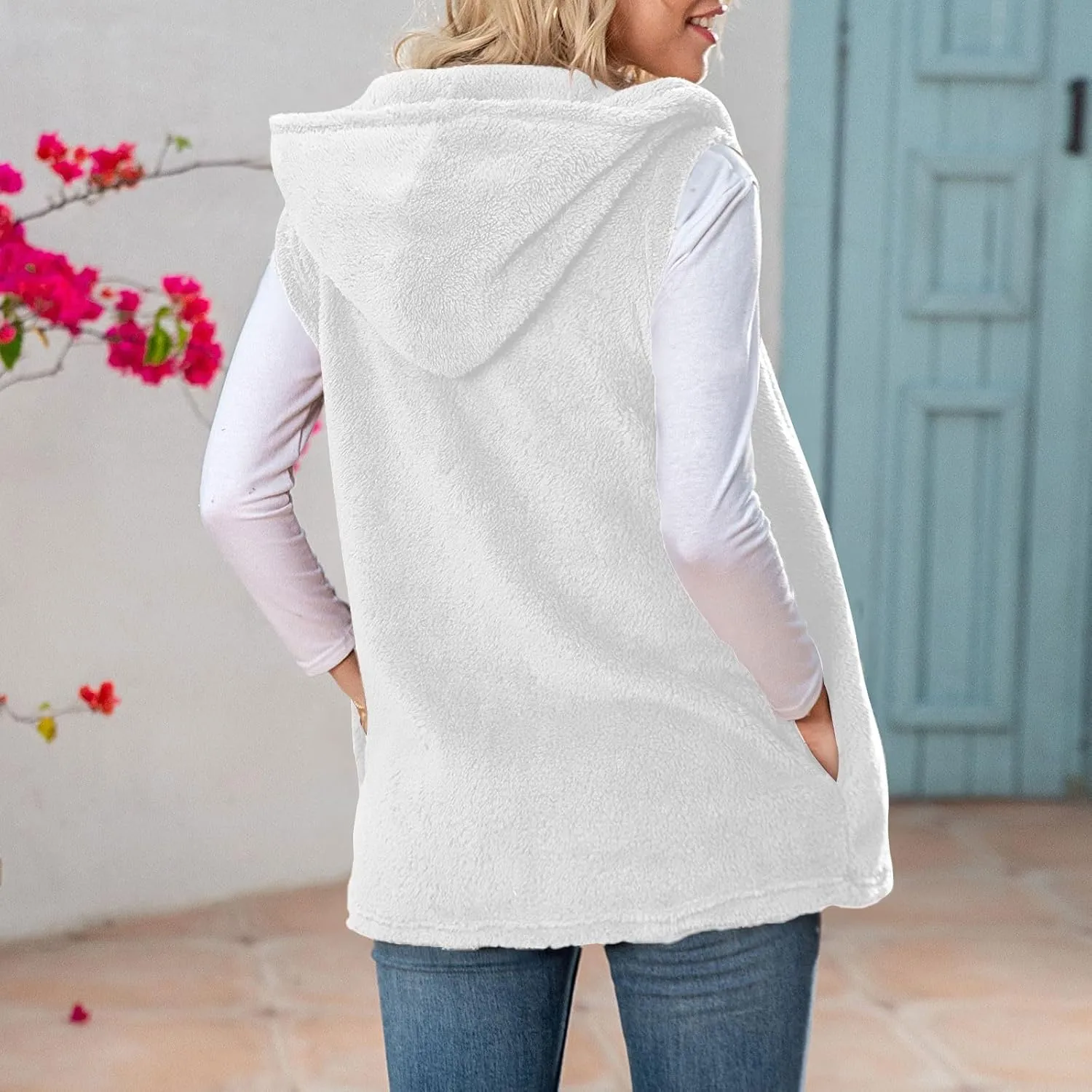Gumipy Women Sleeveless Sherpa Vest Lapel Hooded Fleece Vest Jacket Trendg Open Front Oversized Cardigans Vests with Pockets