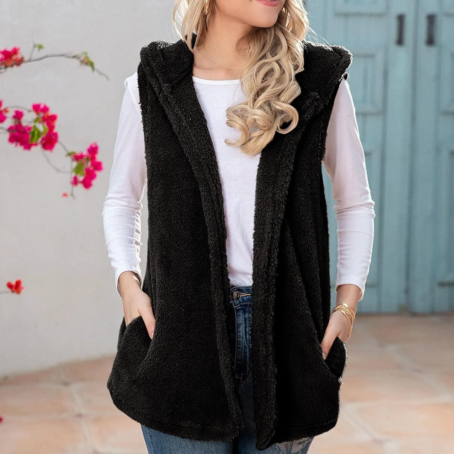 Gumipy Women Sleeveless Sherpa Vest Lapel Hooded Fleece Vest Jacket Trendg Open Front Oversized Cardigans Vests with Pockets