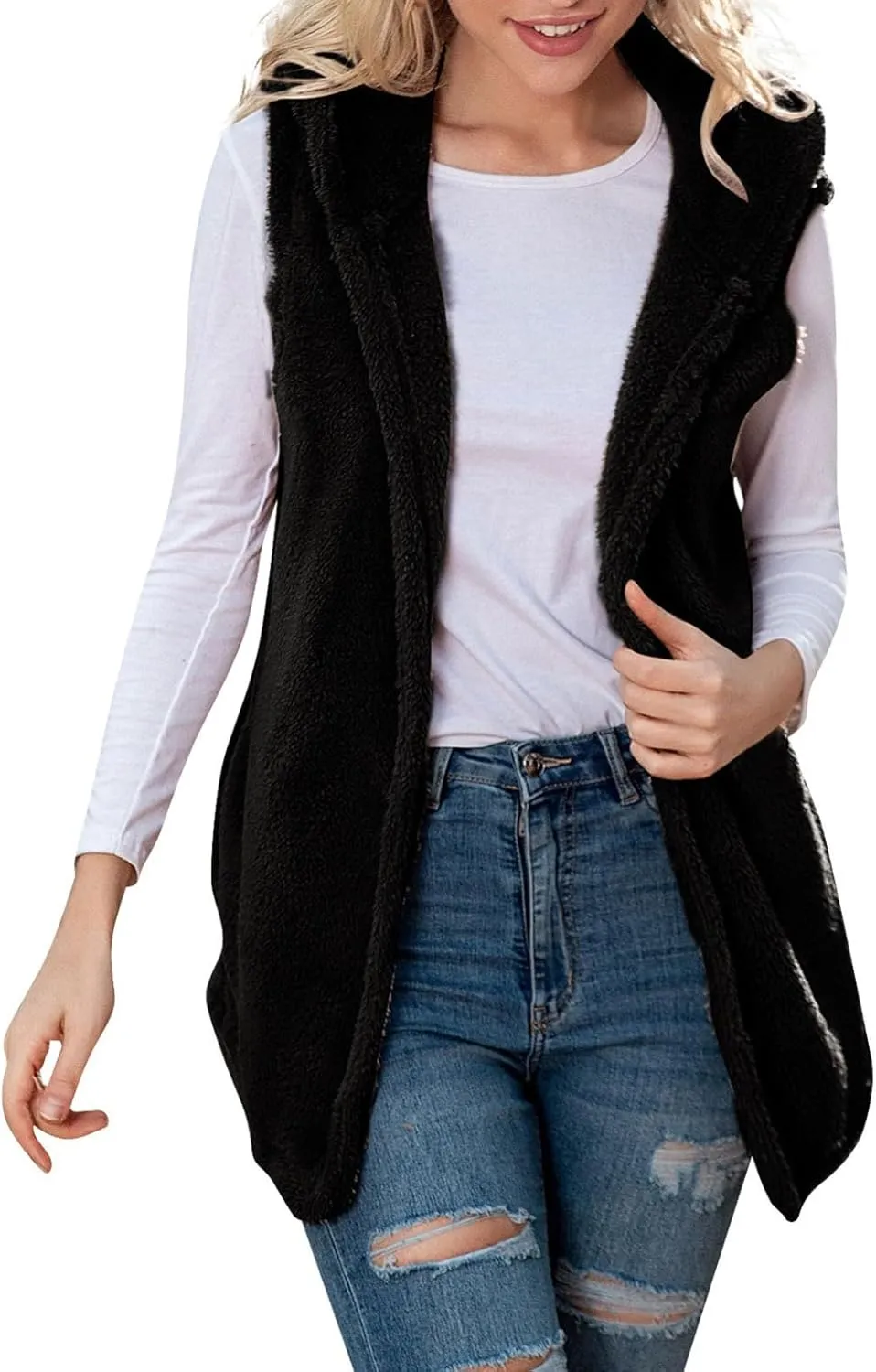 Gumipy Women Sleeveless Sherpa Vest Lapel Hooded Fleece Vest Jacket Trendg Open Front Oversized Cardigans Vests with Pockets