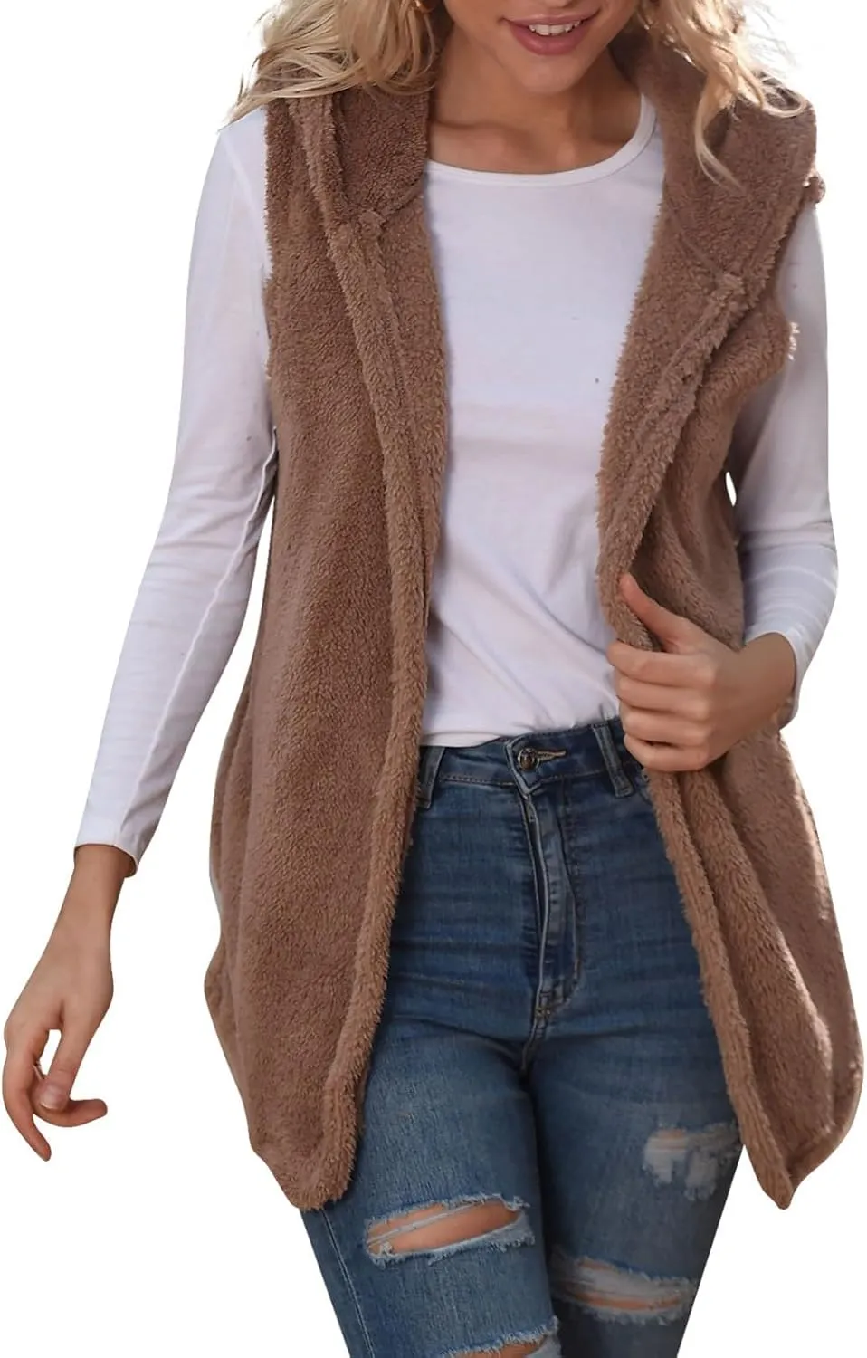 Gumipy Women Sleeveless Sherpa Vest Lapel Hooded Fleece Vest Jacket Trendg Open Front Oversized Cardigans Vests with Pockets