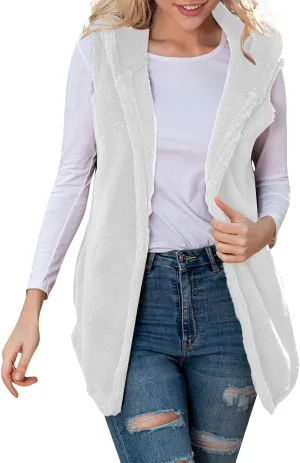 Gumipy Women Sleeveless Sherpa Vest Lapel Hooded Fleece Vest Jacket Trendg Open Front Oversized Cardigans Vests with Pockets