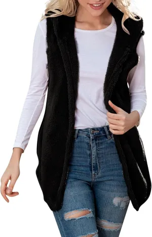 Gumipy Women Sleeveless Sherpa Vest Lapel Hooded Fleece Vest Jacket Trendg Open Front Oversized Cardigans Vests with Pockets
