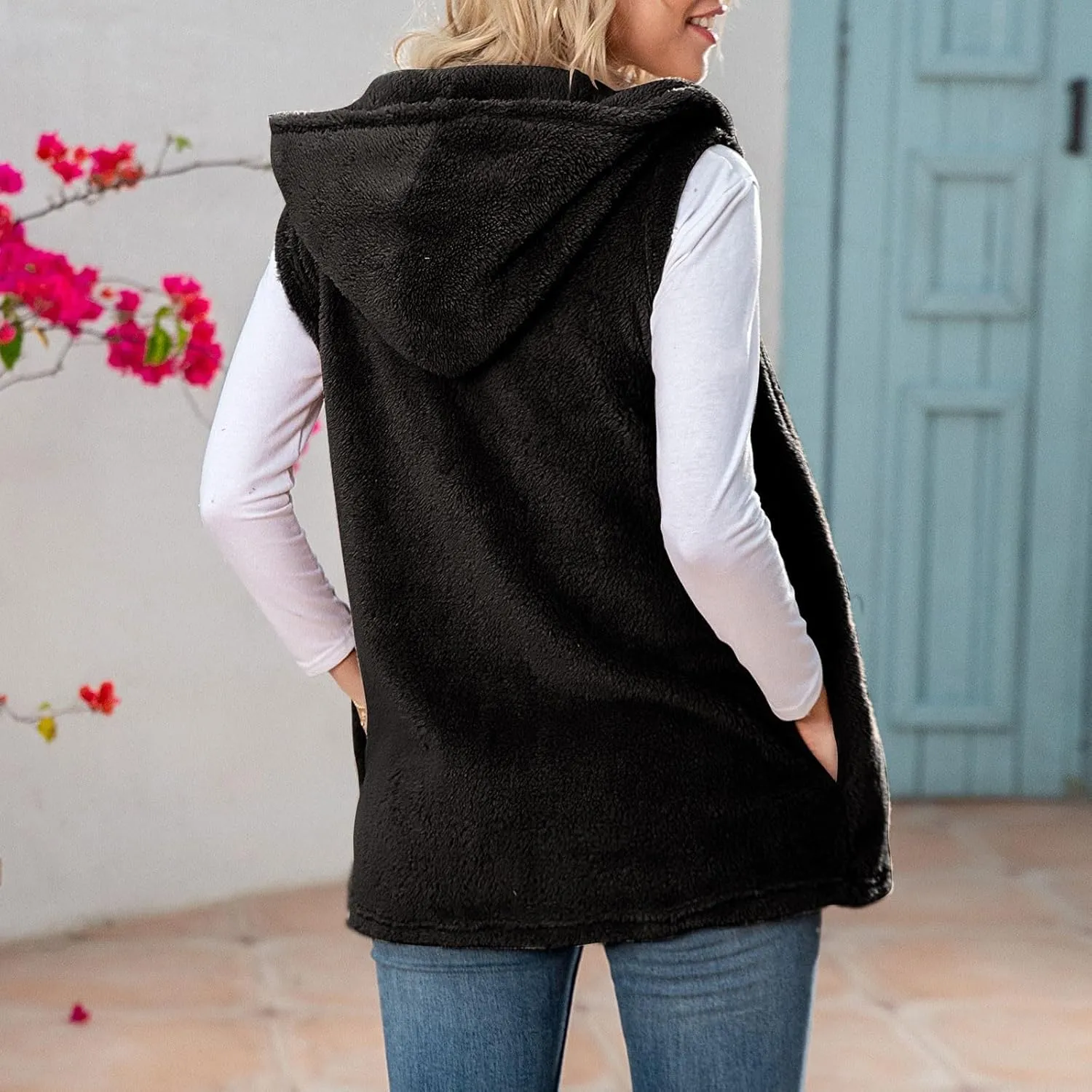 Gumipy Women Sleeveless Sherpa Vest Lapel Hooded Fleece Vest Jacket Trendg Open Front Oversized Cardigans Vests with Pockets