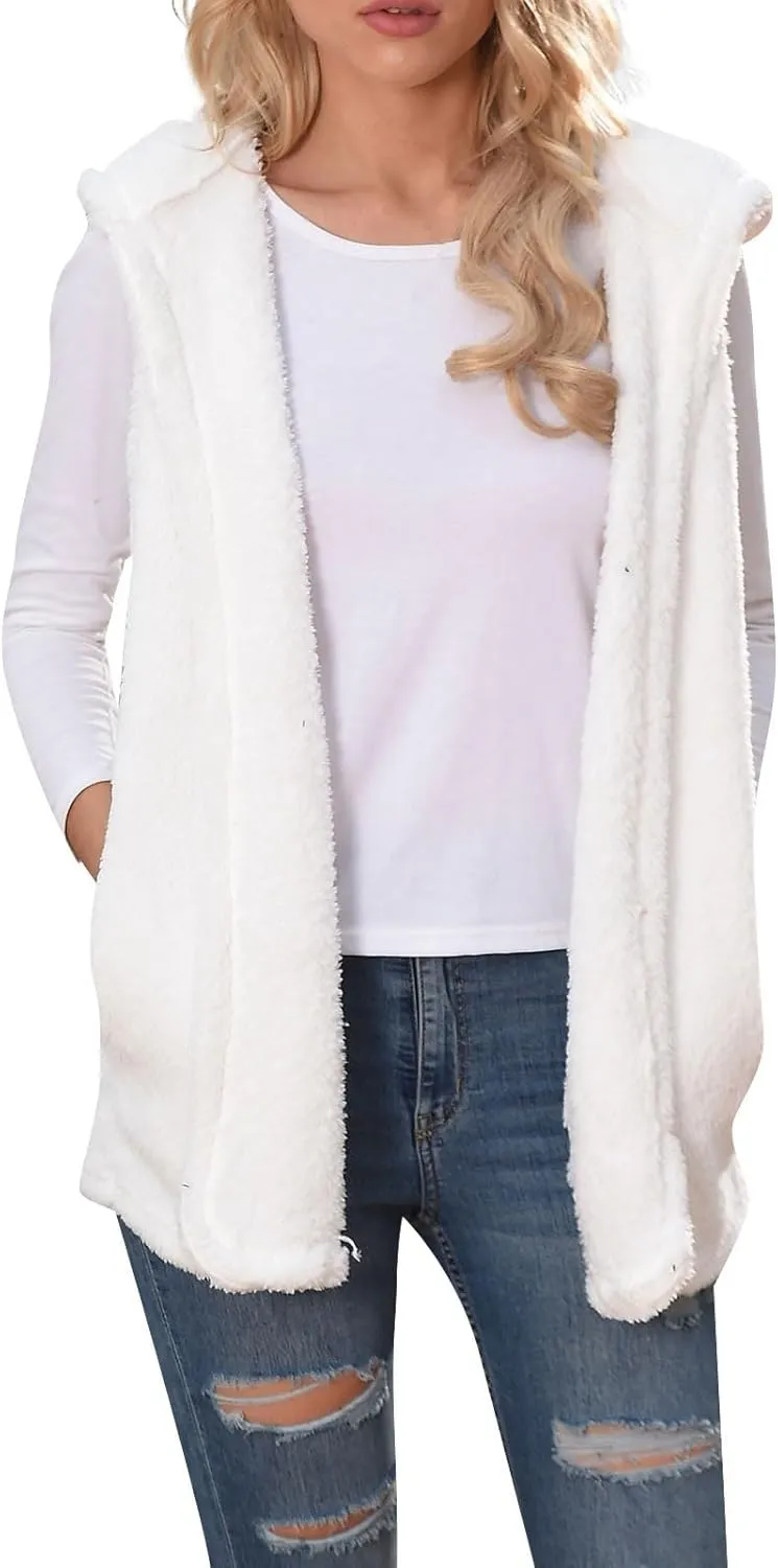 Gumipy Women Sleeveless Sherpa Vest Lapel Hooded Fleece Vest Jacket Trendg Open Front Oversized Cardigans Vests with Pockets