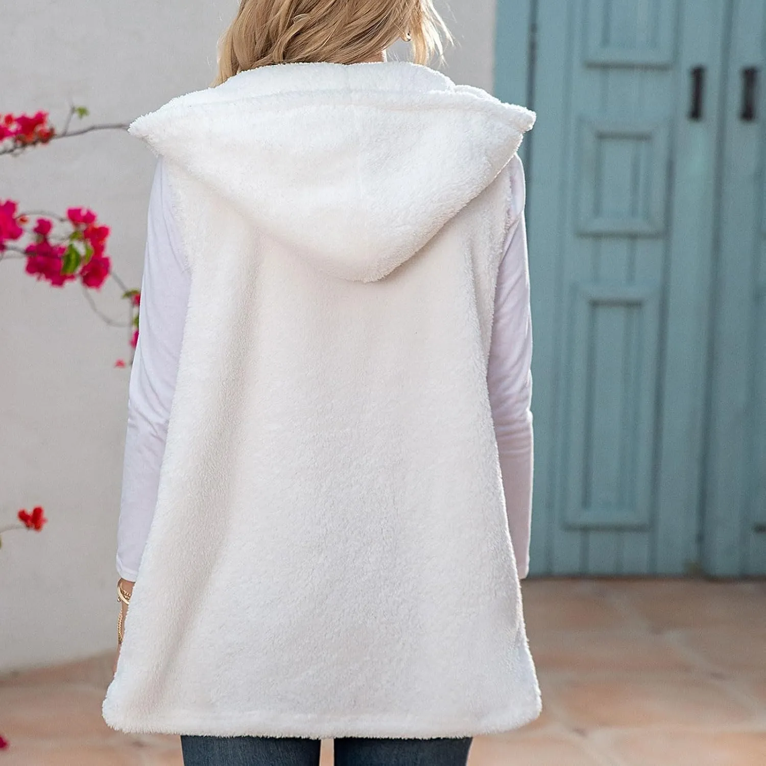 Gumipy Women Sleeveless Sherpa Vest Lapel Hooded Fleece Vest Jacket Trendg Open Front Oversized Cardigans Vests with Pockets