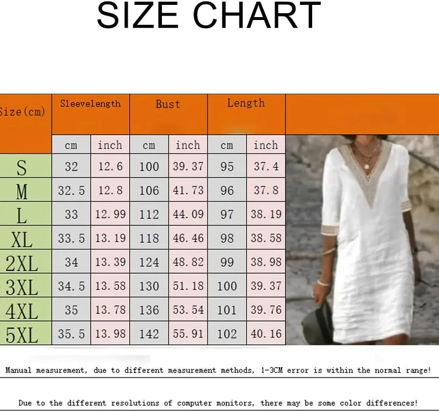 Guteidee Cotton Linen Midi Dress for Womens Lace V Neck Half Sleeve Summer Plus Size Knee Length Shift Beach Dresses