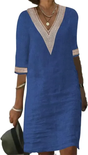 Guteidee Cotton Linen Midi Dress for Womens Lace V Neck Half Sleeve Summer Plus Size Knee Length Shift Beach Dresses