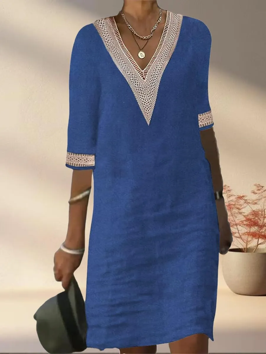 Guteidee Cotton Linen Midi Dress for Womens Lace V Neck Half Sleeve Summer Plus Size Knee Length Shift Beach Dresses