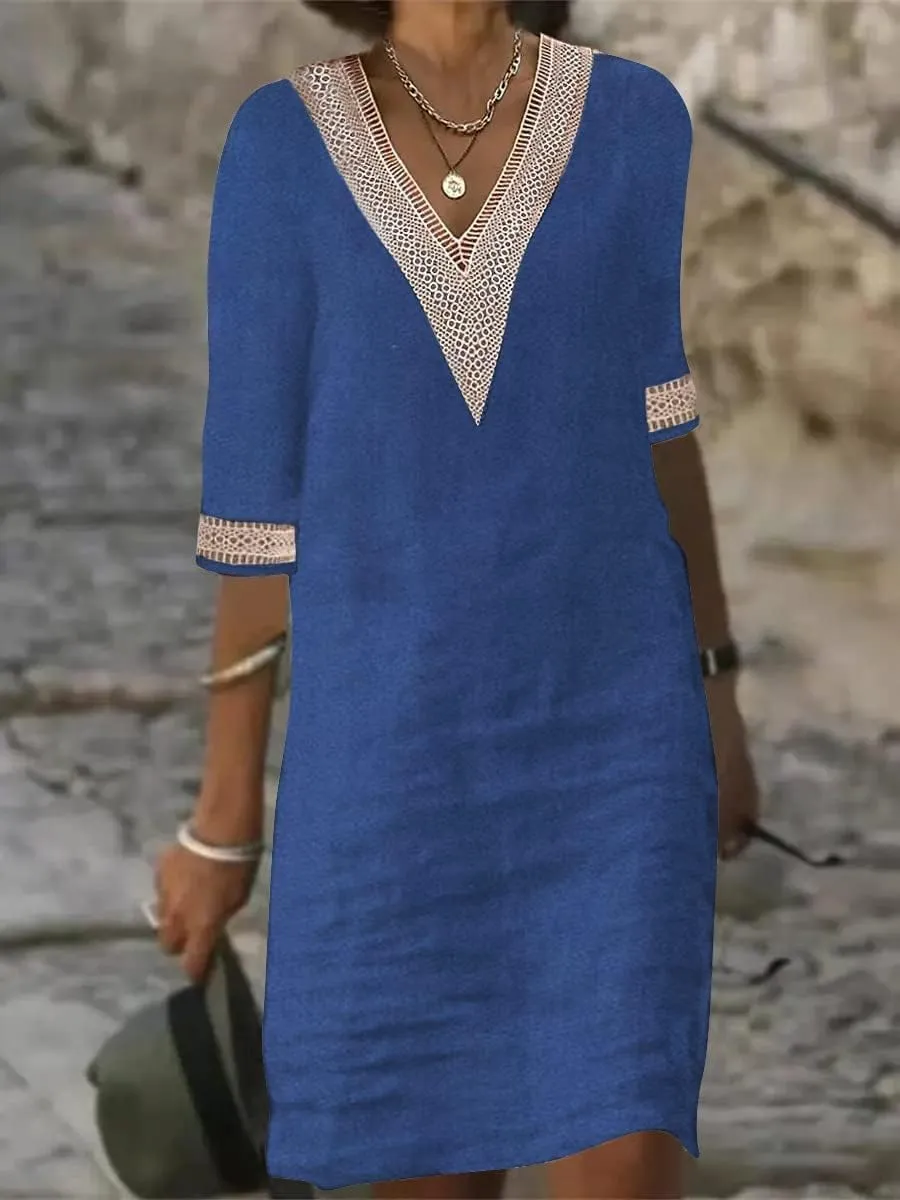 Guteidee Cotton Linen Midi Dress for Womens Lace V Neck Half Sleeve Summer Plus Size Knee Length Shift Beach Dresses