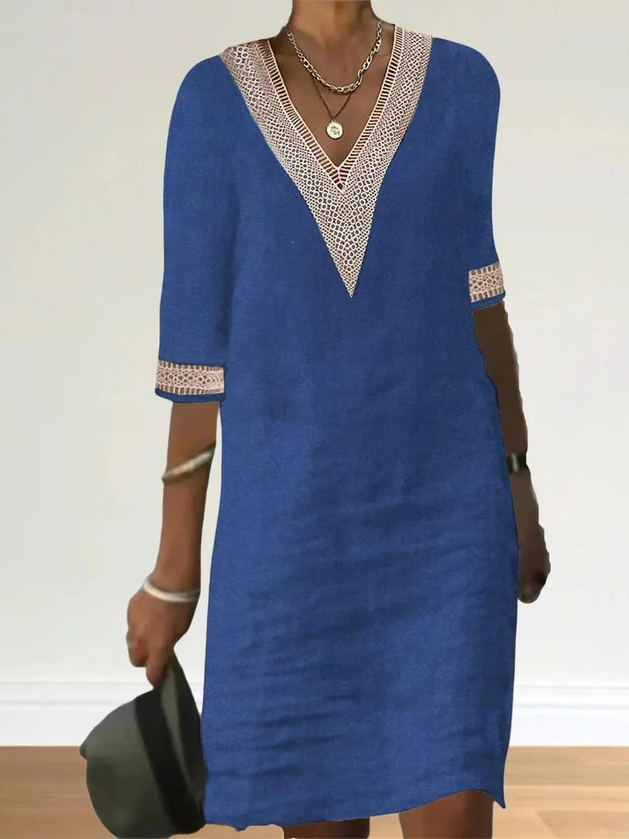 Guteidee Cotton Linen Midi Dress for Womens Lace V Neck Half Sleeve Summer Plus Size Knee Length Shift Beach Dresses