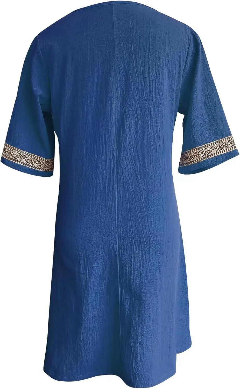 Guteidee Cotton Linen Midi Dress for Womens Lace V Neck Half Sleeve Summer Plus Size Knee Length Shift Beach Dresses
