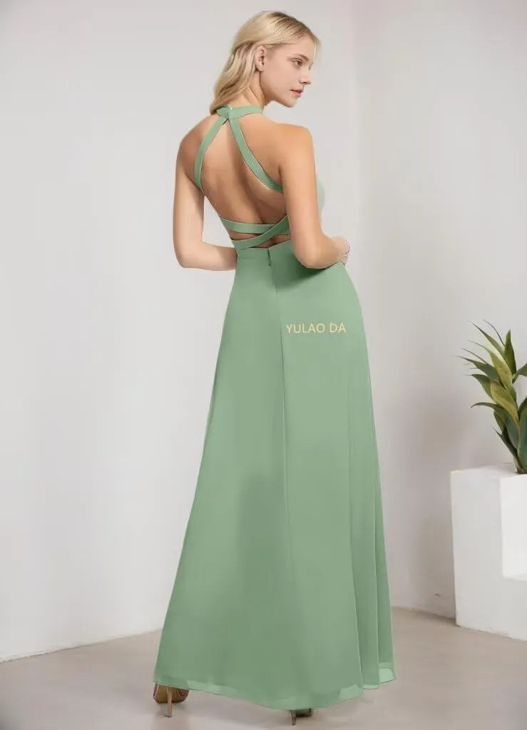 Halter Bridesmaid Dresses for Women with Slit A-Line Chiffon Maxi Evening Party Dresses for Teens